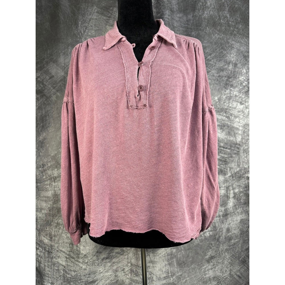 Free People Rush Hour Top Women Size S Mauve Balloon Sleeve Henley Slub Knit